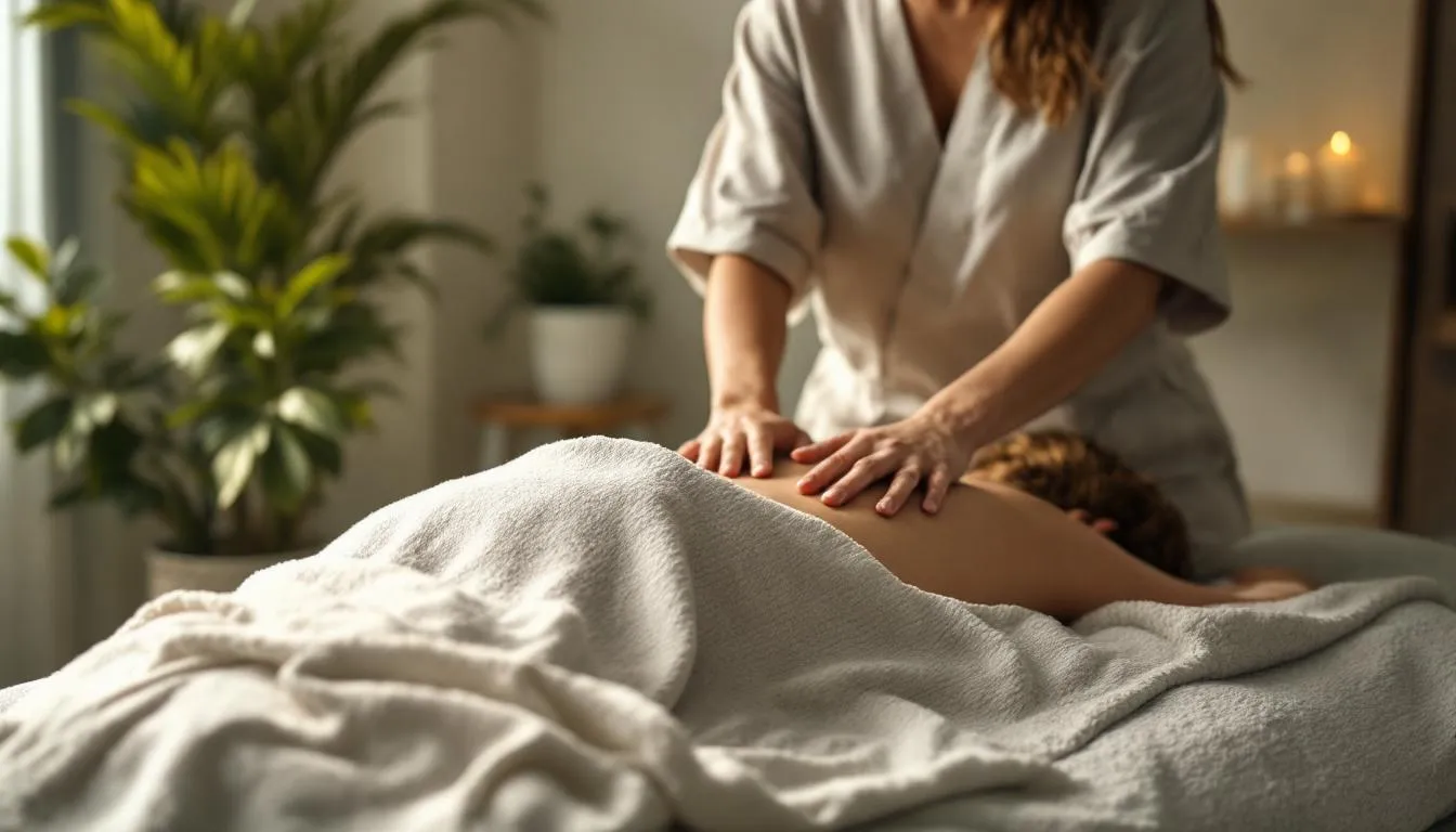 An image illustrating the benefits of regular massage therapy, showcasing a serene setting with a massage therapist working on a client's back, emphasizes relaxation and stress relief. The scene highlights the therapeutic environment, suggesting improved physical function, better sleep quality, and reduced anxiety levels through consistent massage sessions.
