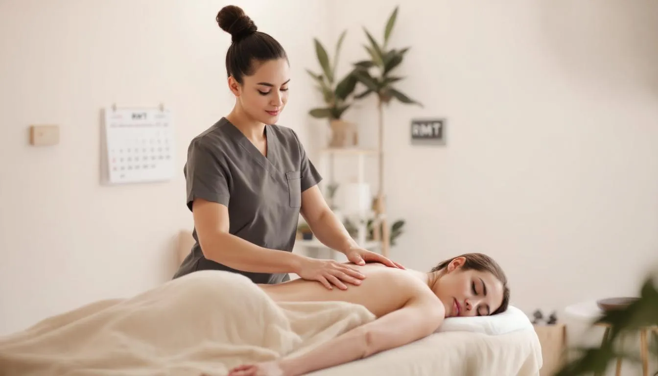 The image depicts a serene massage therapy clinic setting where clients are discussing their treatment goals with a registered massage therapist (RMT). The environment emphasizes open communication and comfort, highlighting the importance of selecting a qualified therapist to enhance relaxation and effectively address health concerns.
